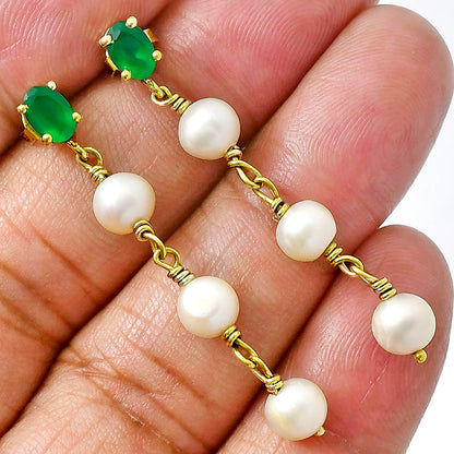 Elegant Natural Gemstone & Pearl Dangle Earrings in 18K Gold Over Brass TGE1010 EM-1268