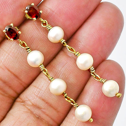 Elegant Natural Gemstone & Pearl Dangle Earrings in 18K Gold Over Brass TGE1010 EM-1268