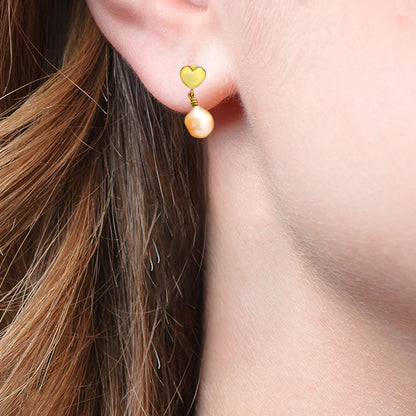 Romantic Heart and Pearl Dangle Earrings in 18K Gold Plated Jewelry TGE1011 EM-1257