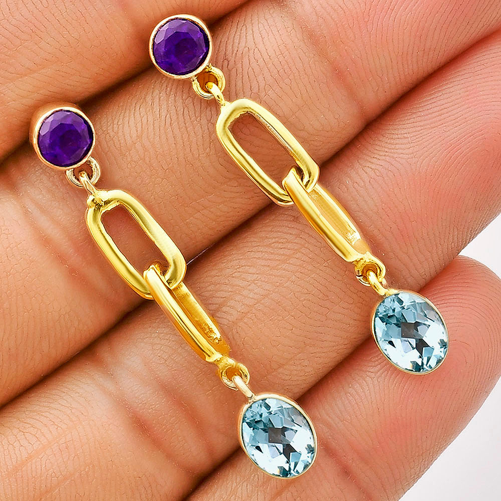 Handcrafted Two Stone Gemstone Drop Earrings 18K Gold Over Brass Jewelry TGE1014 EM-1265