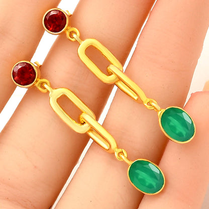 Handcrafted Two Stone Gemstone Drop Earrings 18K Gold Over Brass Jewelry TGE1014 EM-1265