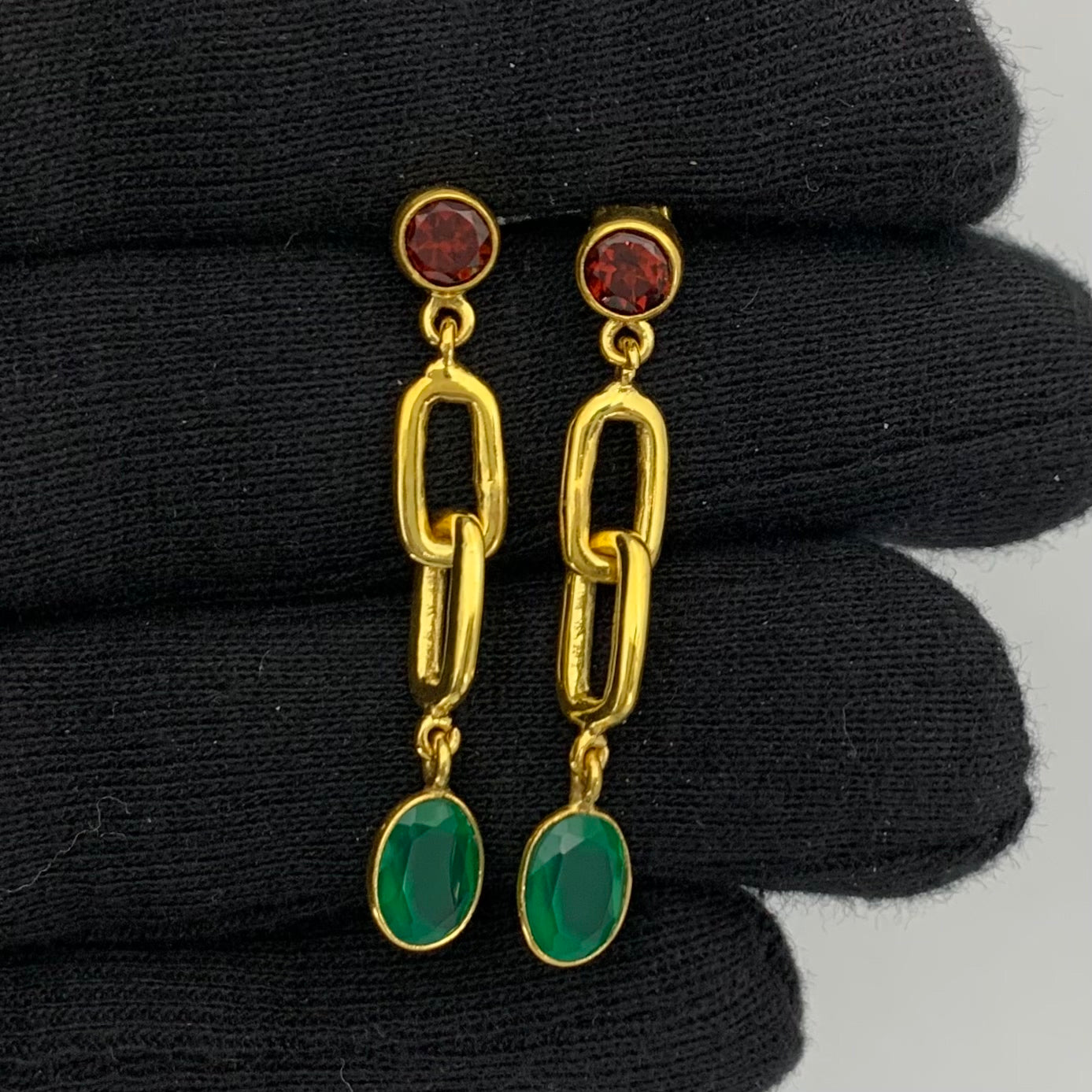 Handcrafted Two Stone Gemstone Drop Earrings 18K Gold Plated Jewelry TGE1014 EM-1265
