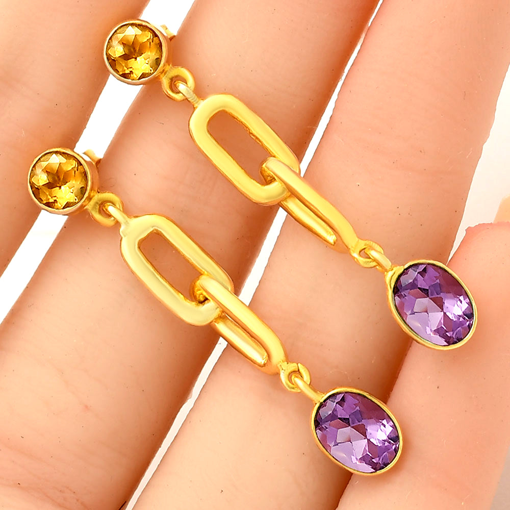 Handcrafted Two Stone Gemstone Drop Earrings 18K Gold Over Brass Jewelry TGE1014 EM-1265