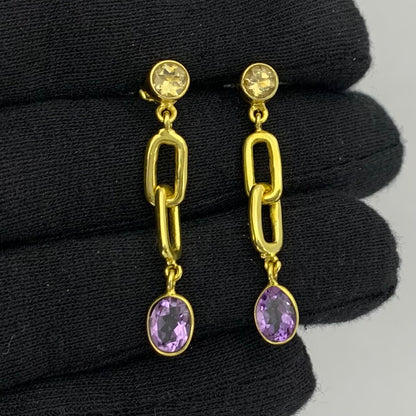 Handcrafted Two Stone Gemstone Drop Earrings 18K Gold Plated Jewelry TGE1014 EM-1265