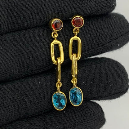 Handcrafted Two Stone Gemstone Drop Earrings 18K Gold Plated Jewelry TGE1014 EM-1265