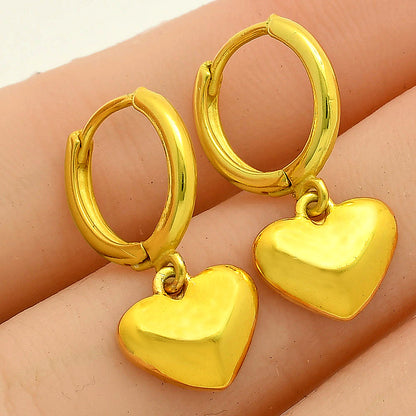 Minimal Heart Charm Hoop Earrings in 18K Gold Over Brass Jewelry TGE1016 EM-1274