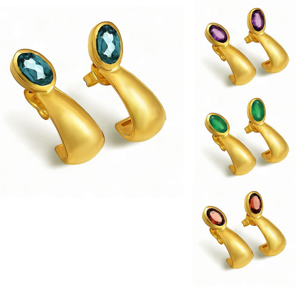 Handcrafted Oval Colorful Gemstone Huggie Earrings 18K Gold Over Brass TGE1026 EM-1279