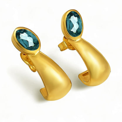 Handcrafted Oval Colorful Gemstone Huggie Earrings 18K Gold Over Brass TGE1026 EM-1279