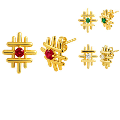 18K Gold Over Brass Grid Gemstone Stud Earrings, Elegant Modern Look TGE1034 EM-1289
