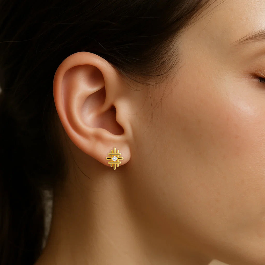 18K Gold Over Brass Grid Gemstone Stud Earrings, Elegant Modern Look TGE1034 EM-1289