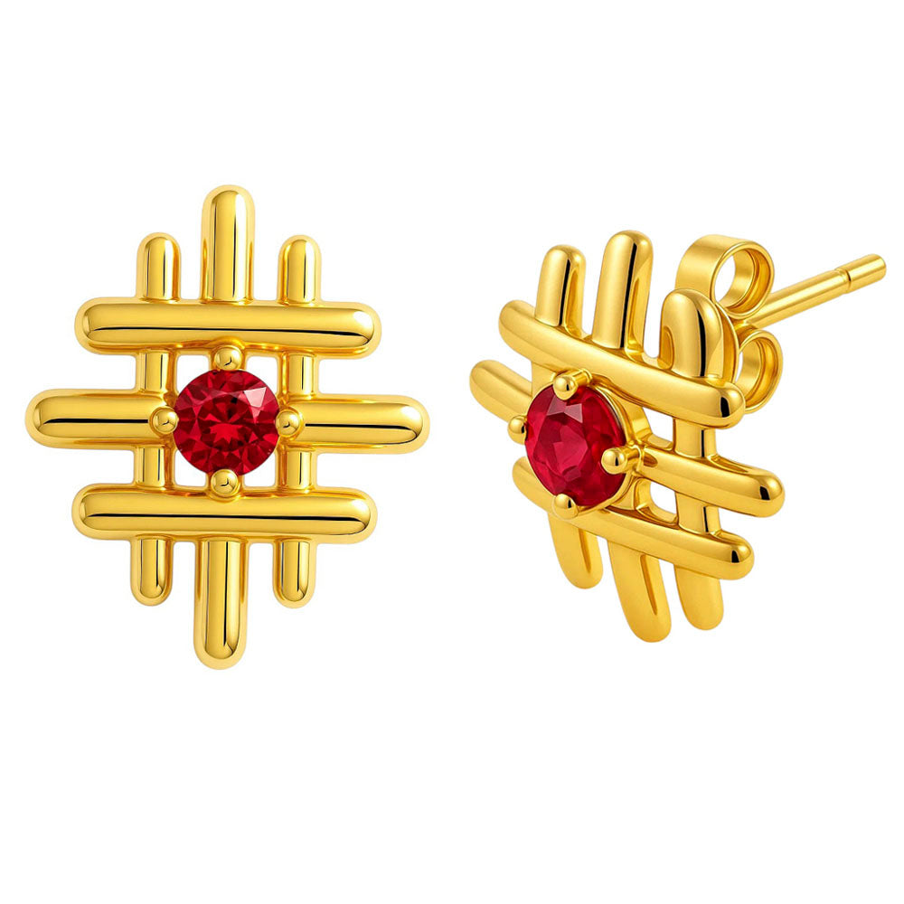 18K Gold Over Brass Grid Gemstone Stud Earrings, Elegant Modern Look TGE1034 EM-1289