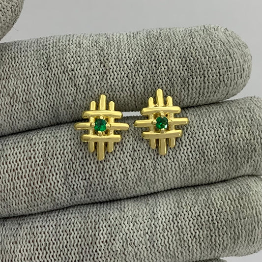 18K Gold Plated Grid Gemstone Stud Earrings, Elegant Modern Look TGE1034 EM-1289