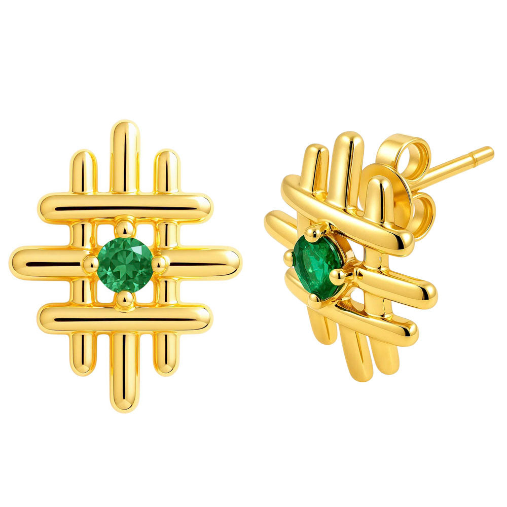 18K Gold Over Brass Grid Gemstone Stud Earrings, Elegant Modern Look TGE1034 EM-1289