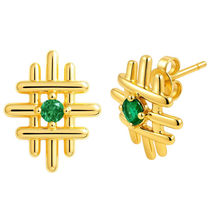 18K Gold Over Brass Grid Gemstone Stud Earrings, Elegant Modern Look TGE1034 EM-1289