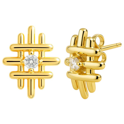 18K Gold Over Brass Grid Gemstone Stud Earrings, Elegant Modern Look TGE1034 EM-1289