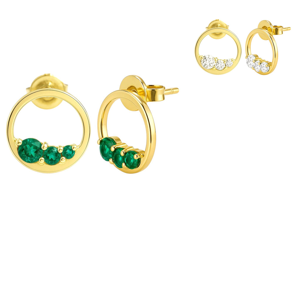 18K Gold Over Brass Triple Gemstone Circle Stud Earrings for Women TGE1039 EM-1294