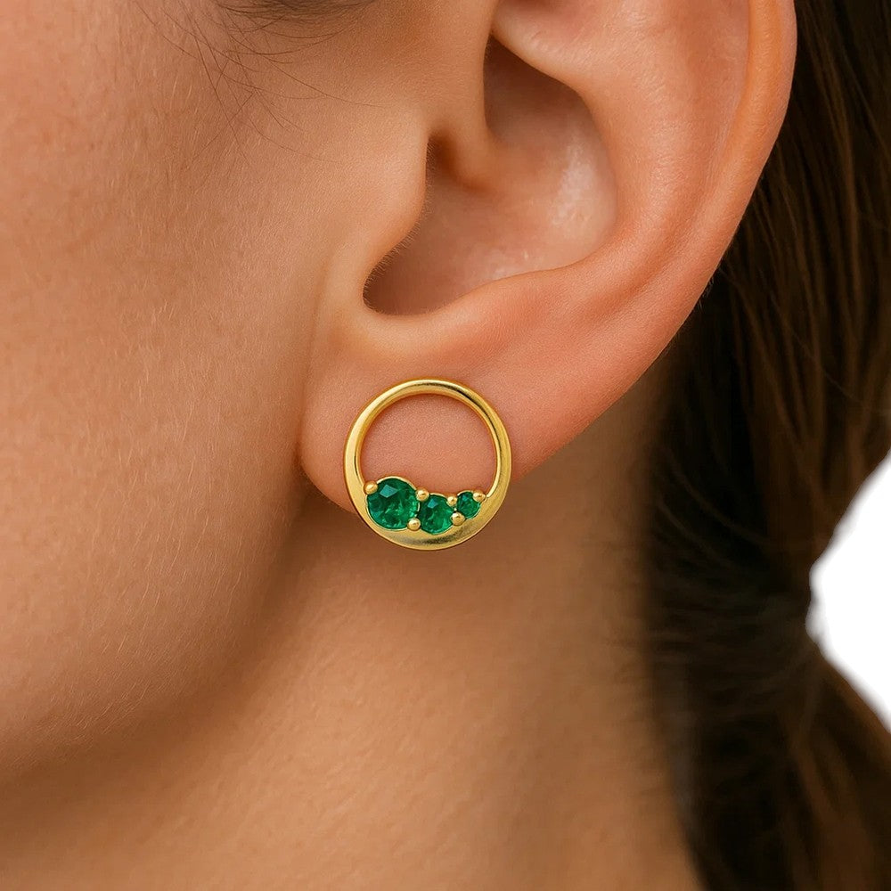 18K Gold Over Brass Triple Gemstone Circle Stud Earrings for Women TGE1039 EM-1294