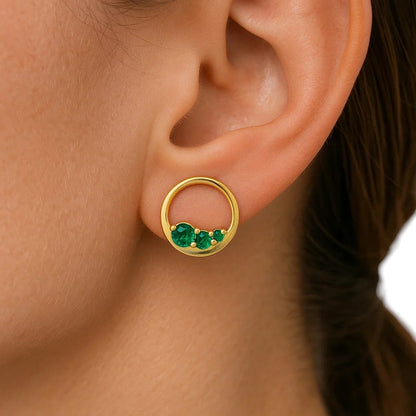 18K Gold Over Brass Triple Gemstone Circle Stud Earrings for Women TGE1039 EM-1294