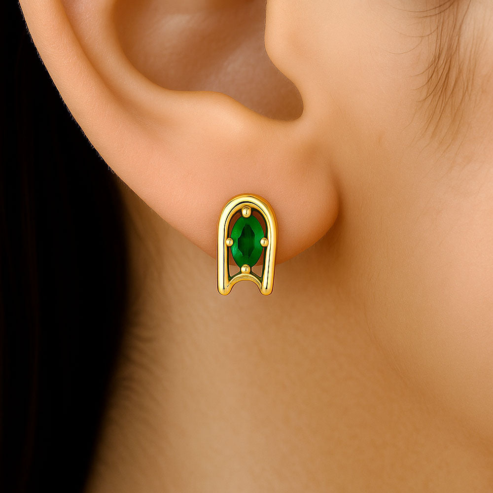 18K Gold Over Brass Oval Gemstone Loop Stud Earrings, Chic Contemporary TGE1042 EM-1297