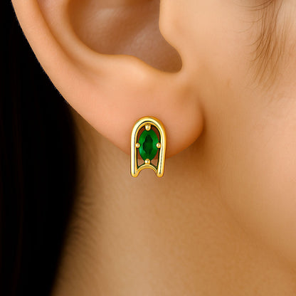 18K Gold Over Brass Oval Gemstone Loop Stud Earrings, Chic Contemporary TGE1042 EM-1297