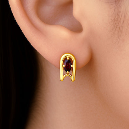 18K Gold Over Brass Oval Gemstone Loop Stud Earrings, Chic Contemporary TGE1042 EM-1297