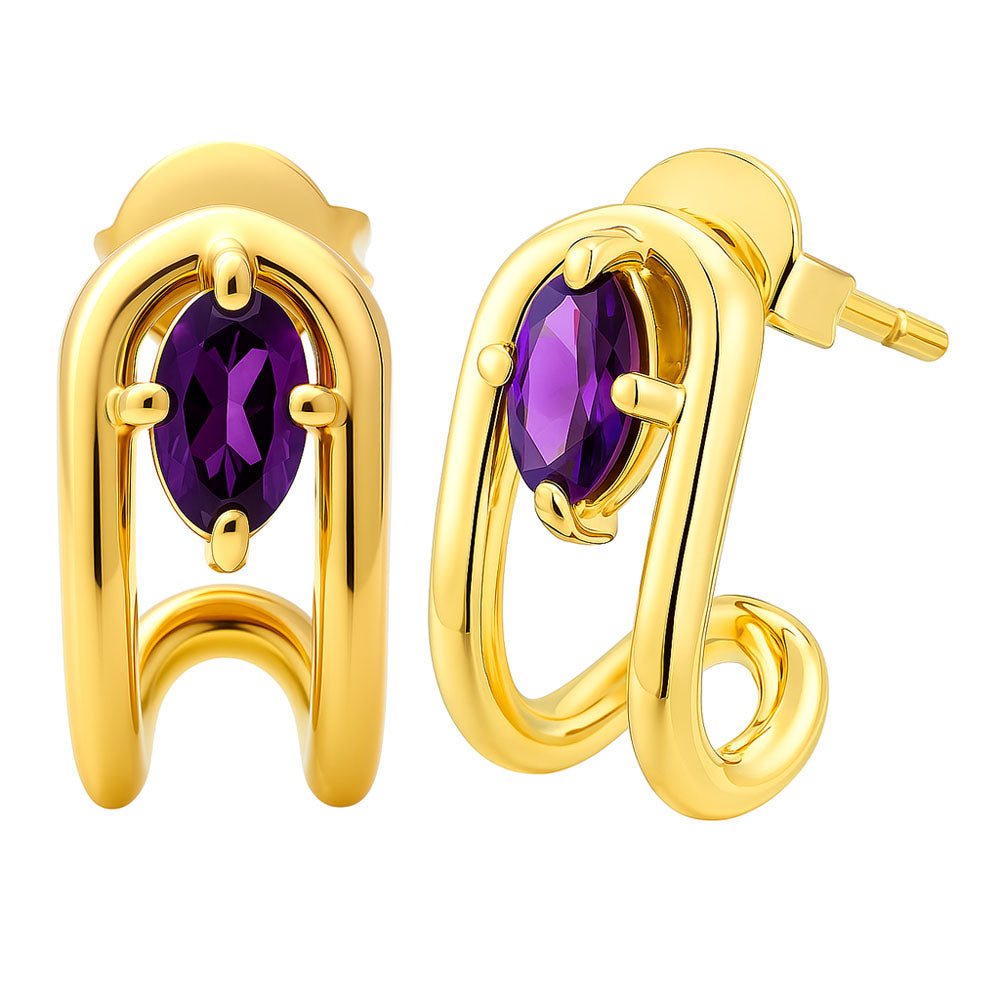 18K Gold Over Brass Oval Gemstone Loop Stud Earrings, Chic Contemporary TGE1042 EM-1297
