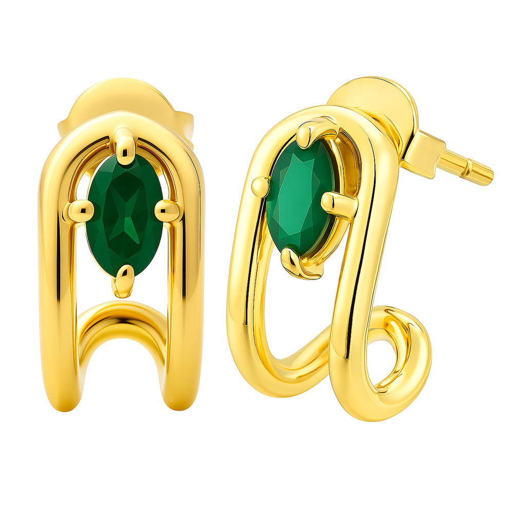 18K Gold Over Brass Oval Gemstone Loop Stud Earrings, Chic Contemporary TGE1042 EM-1297