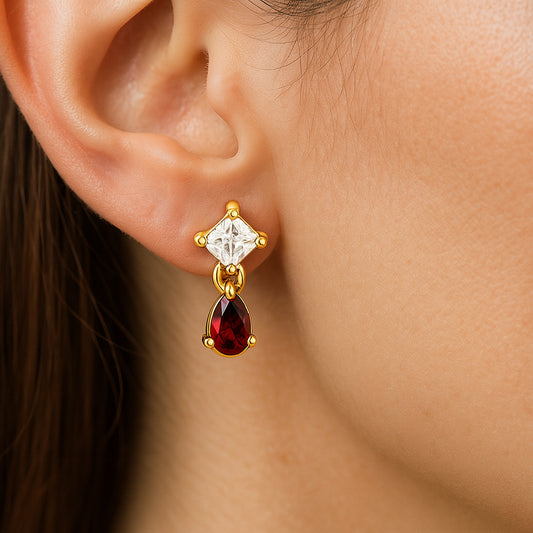 18K Gold Over Brass Teardrop & Princess Cut Gemstone Earrings, Chic TGE1046 EM-1299