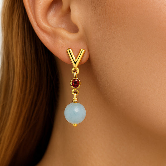 18K Gold Plated Brass V-Style Bead Drop Earrings for Women, Trendy TGE1047 EM-1300