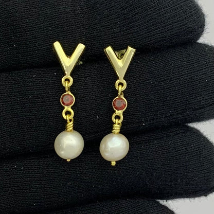 18K Gold Plated V-Style Bead Drop Earrings for Women, Trendy TGE1047 EM-1300