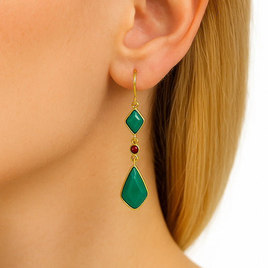 18K Gold Over Brass Faceted Multi-Gemstone Dangle Earrings, Stylish Look TGE1052 EM-1007