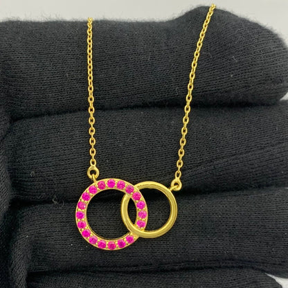18K Gold Plated Linked Double Circles Necklace with Colored Stones TGN1002 NM-1031