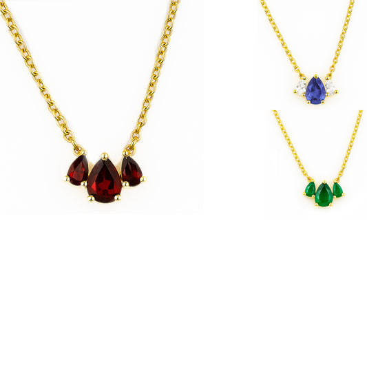 18K Gold Plated Triple Teardrop Gemstone Necklace Fashion Jewelry TGN1015 NM-1044