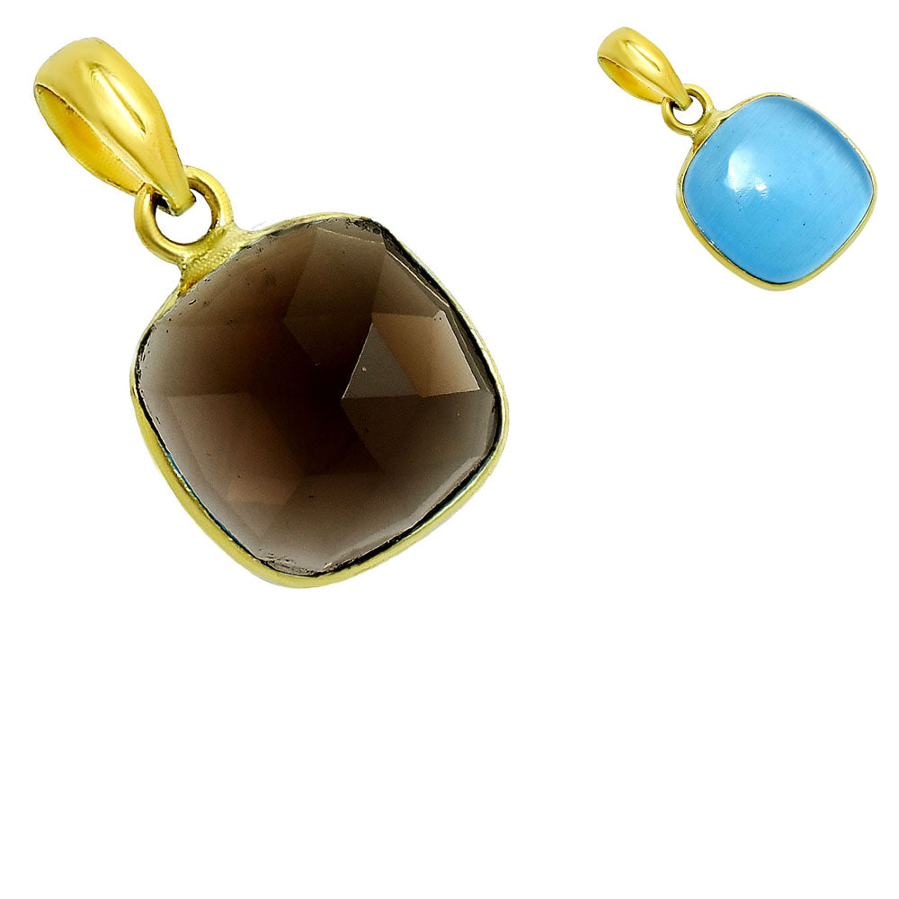 18K Gold Over Brass Smoky Blue Quartz Cushion Gemstone Pendant for Women TGP1003 PM-1001