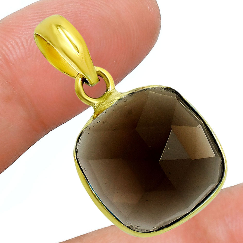 18K Gold Over Brass Smoky Blue Quartz Cushion Gemstone Pendant for Women TGP1003 PM-1001