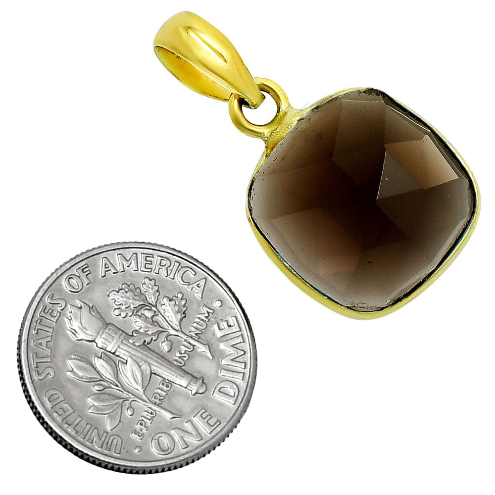 18K Gold Over Brass Smoky Blue Quartz Cushion Gemstone Pendant for Women TGP1003 PM-1001