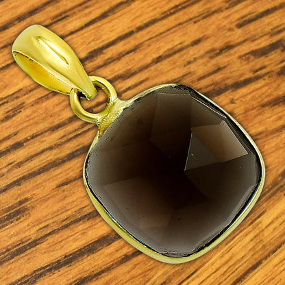 18K Gold Over Brass Smoky Blue Quartz Cushion Gemstone Pendant for Women TGP1003 PM-1001