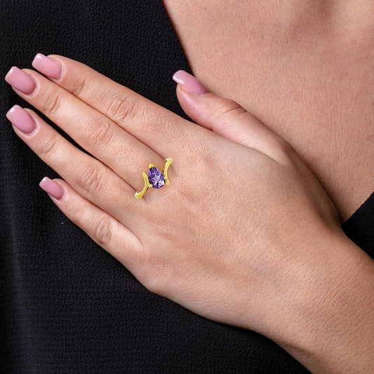 18K Gold Plated Brass Pear Cut Birthstone Ring Minimalist Style Jewelry TGR1001 RM-1731