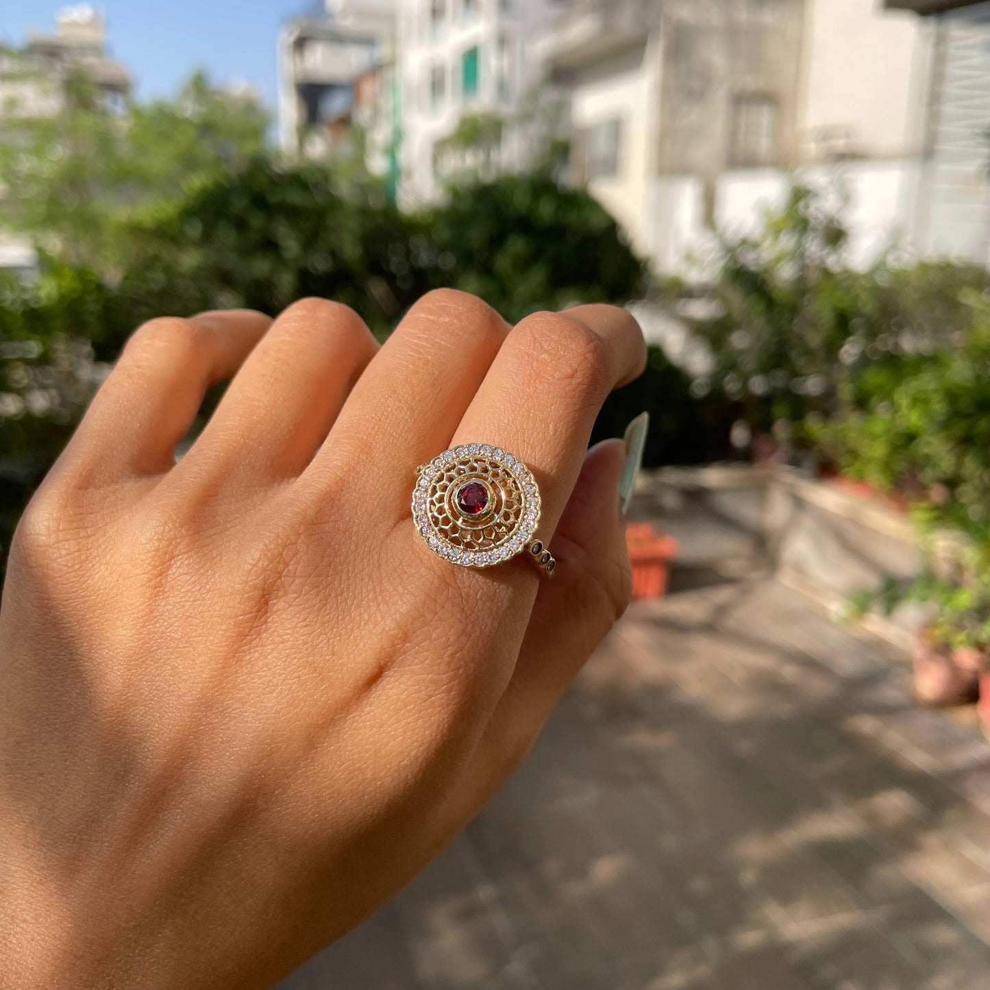 18K Gold Plated Round Halo Gemstone Ring Jewelry with CZ Accents TGR1009 RM1735