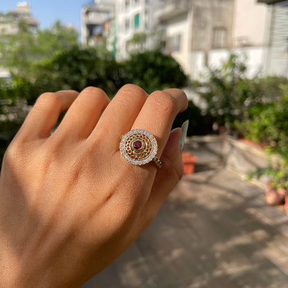 18K Gold Plated Round Halo Gemstone Ring Jewelry with CZ Accents TGR1009 RM1735