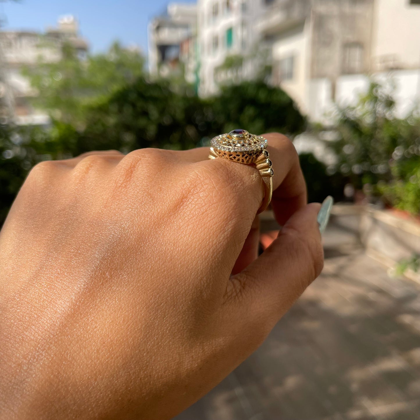 18K Gold Plated Round Halo Gemstone Ring Jewelry with CZ Accents TGR1009 RM1735