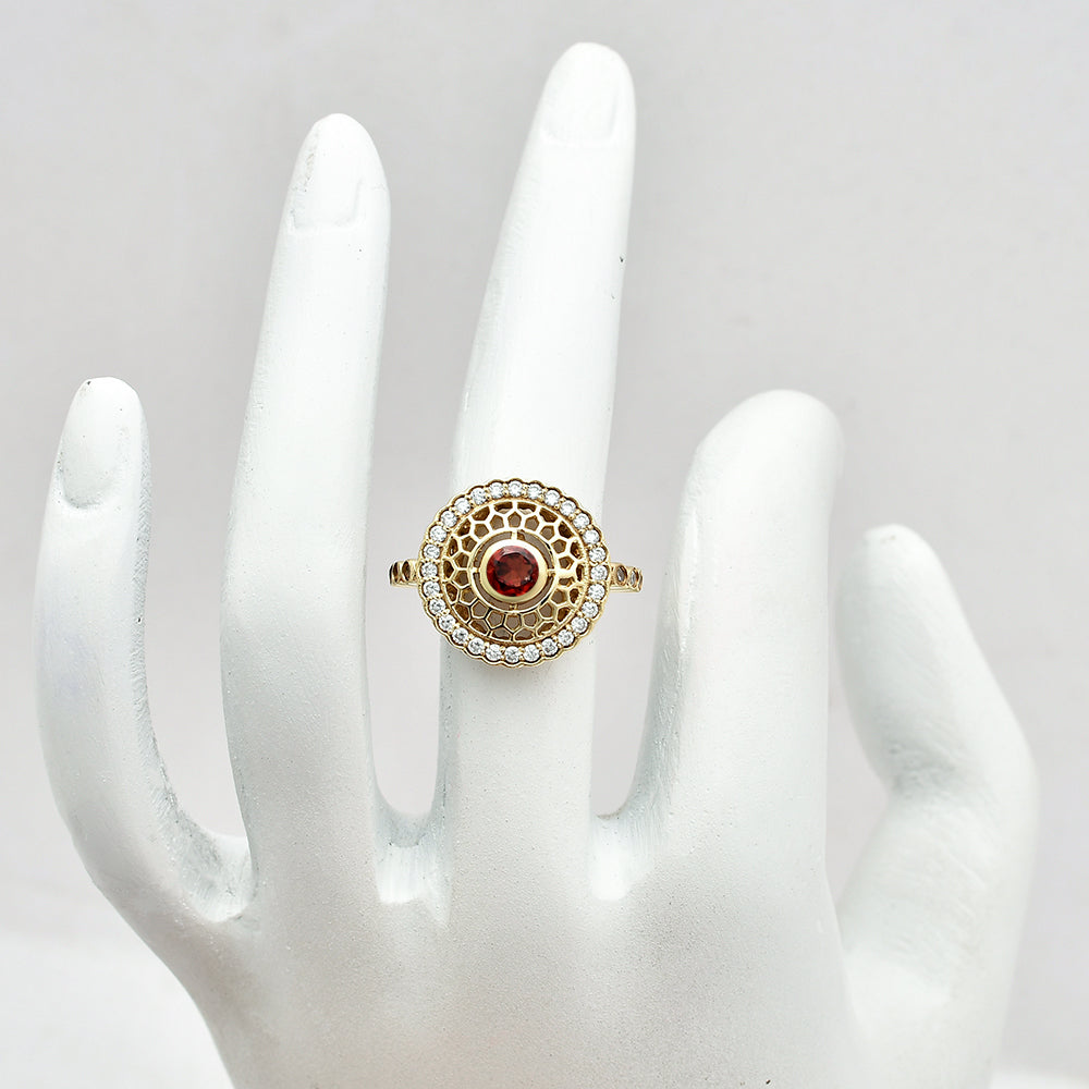 18K Gold Plated Round Halo Gemstone Ring Jewelry with CZ Accents TGR1009 RM1735