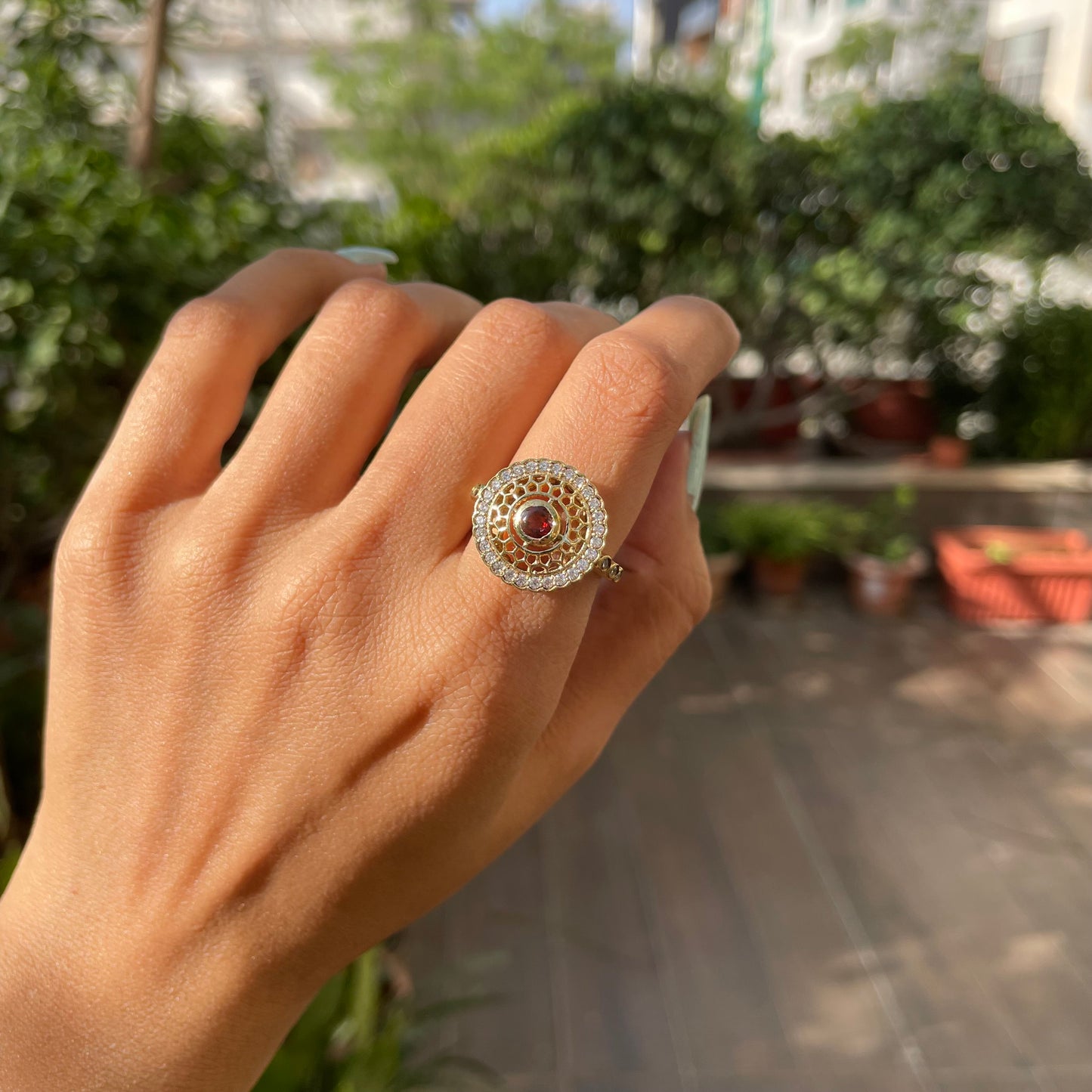 18K Gold Plated Round Halo Gemstone Ring Jewelry with CZ Accents TGR1009 RM1735