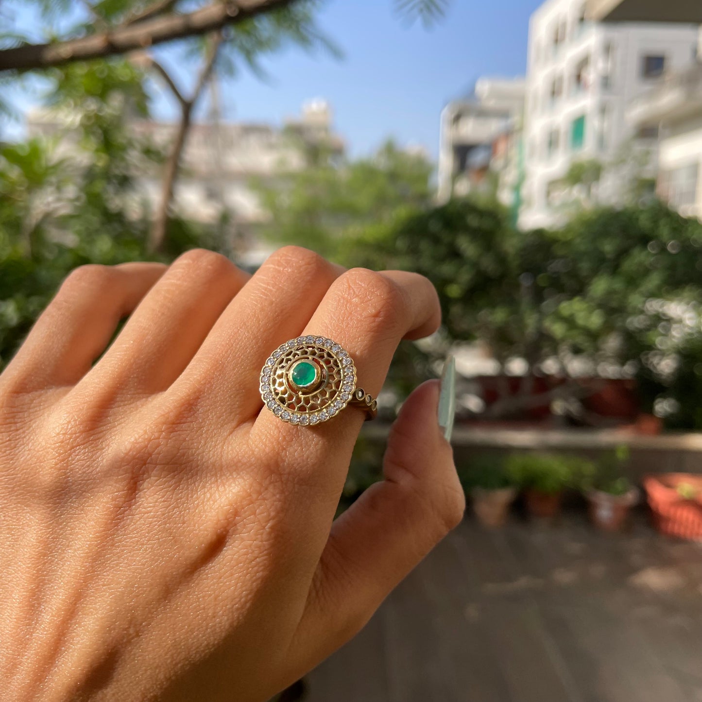 18K Gold Plated Round Halo Gemstone Ring Jewelry with CZ Accents TGR1009 RM1735