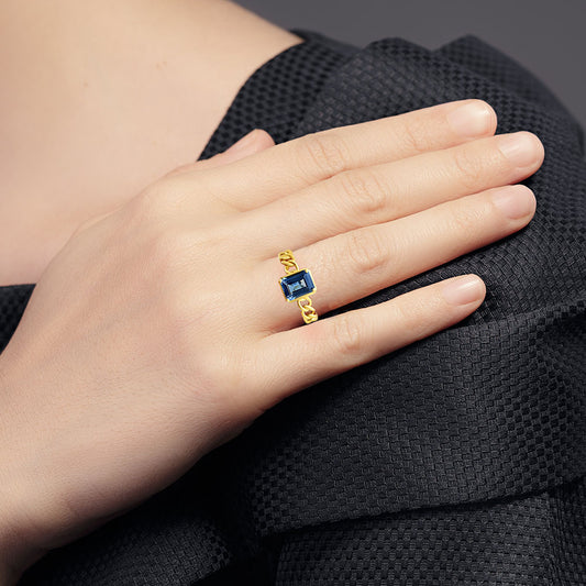 Rectangle Cut Gemstone Ring with Chain Link Band in 18K Gold Over Brass TGR1015 RM-1749