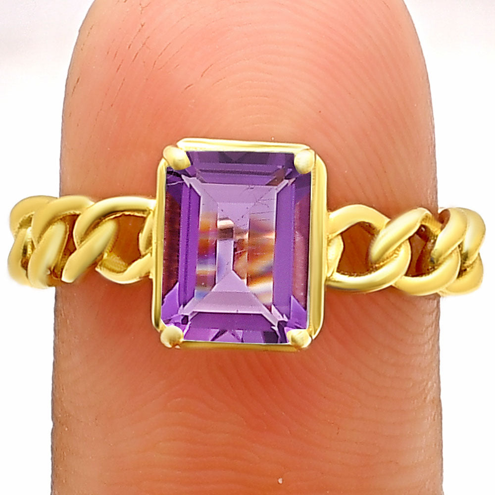 Rectangle Cut Gemstone Ring with Chain Link Band in 18K Gold Over Brass TGR1015 RM-1749
