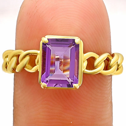 Rectangle Cut Gemstone Ring with Chain Link Band in 18K Gold Over Brass TGR1015 RM-1749