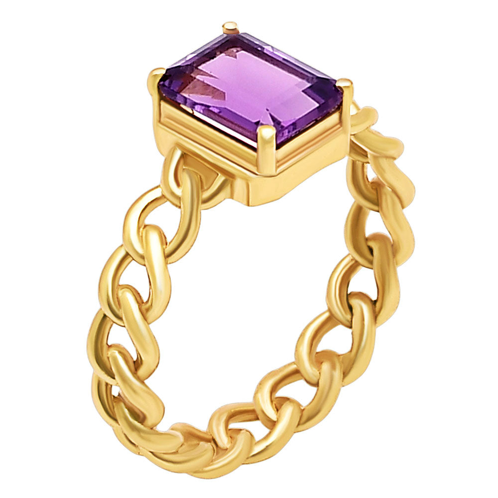 Rectangle Cut Gemstone Ring with Chain Link Band in 18K Gold Over Brass TGR1015 RM-1749