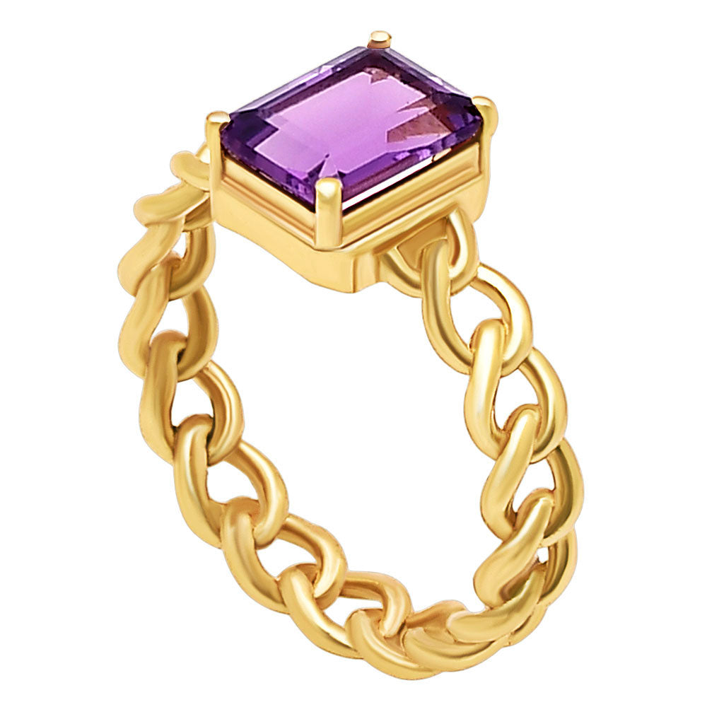 Rectangle Cut Gemstone Ring with Chain Link Band in 18K Gold Over Brass TGR1015 RM-1749