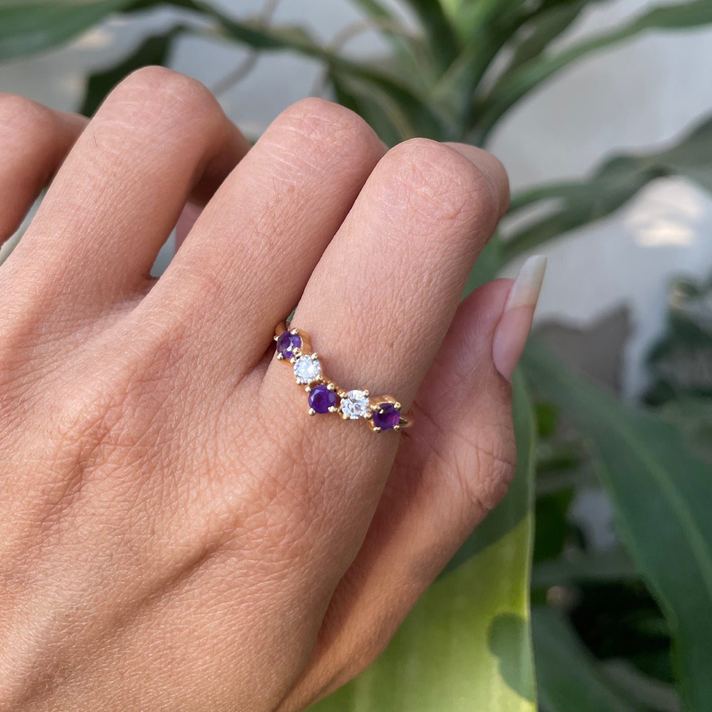 18K Gold Plated Crown Five-Stone Ring – Dainty Gemstone Stacking Band TGR1059 RM-1782